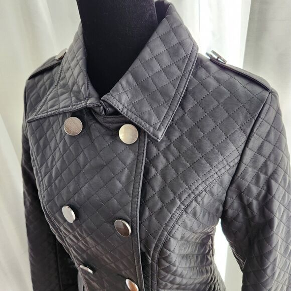MONTANACO Faux Leather Jacket Womens Small Blank Quilted Peacoat Button Classic - Picture 2 of 14
